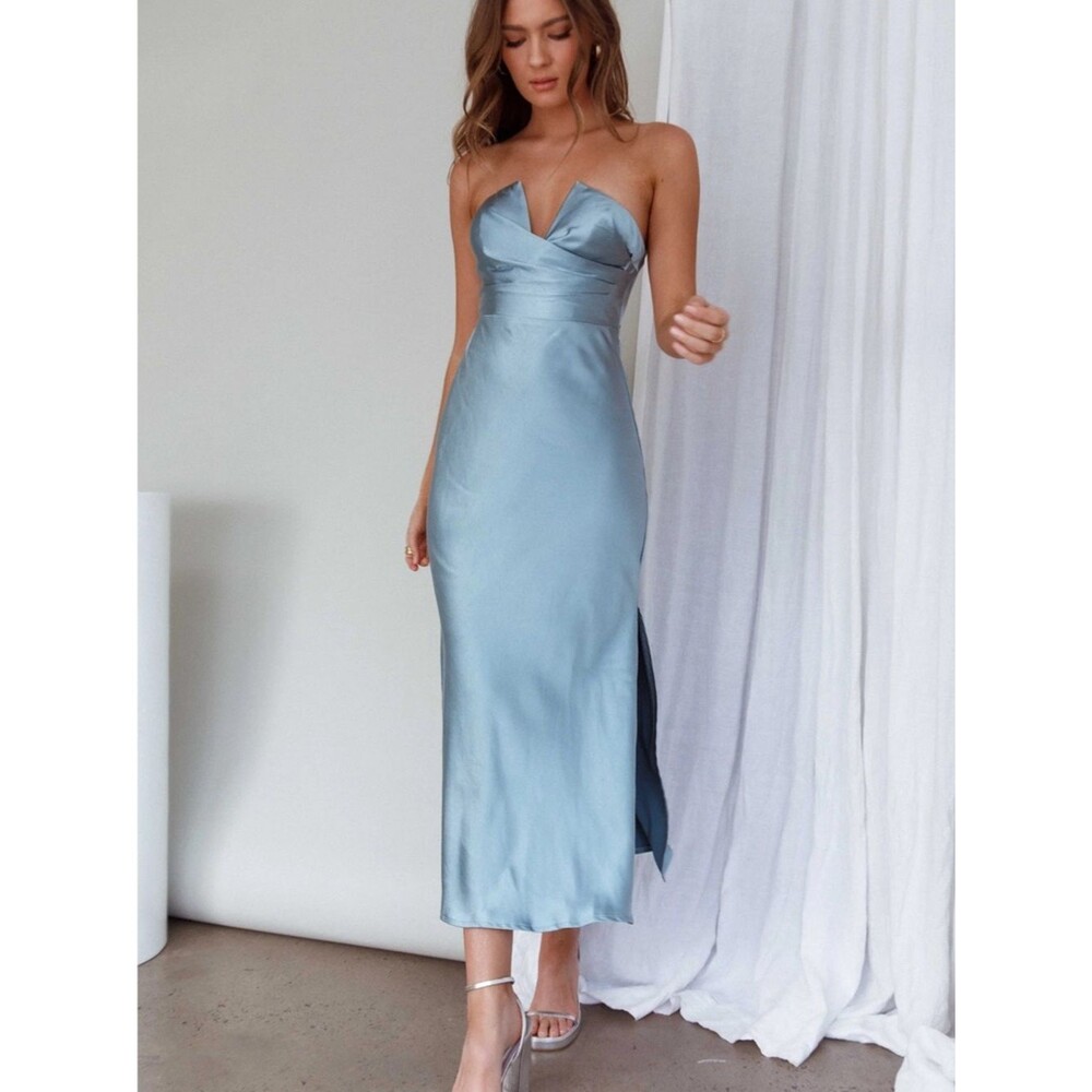 Selfie Leslie Satin Strapless Midi Dress – Sage Blue | NWT | Size L